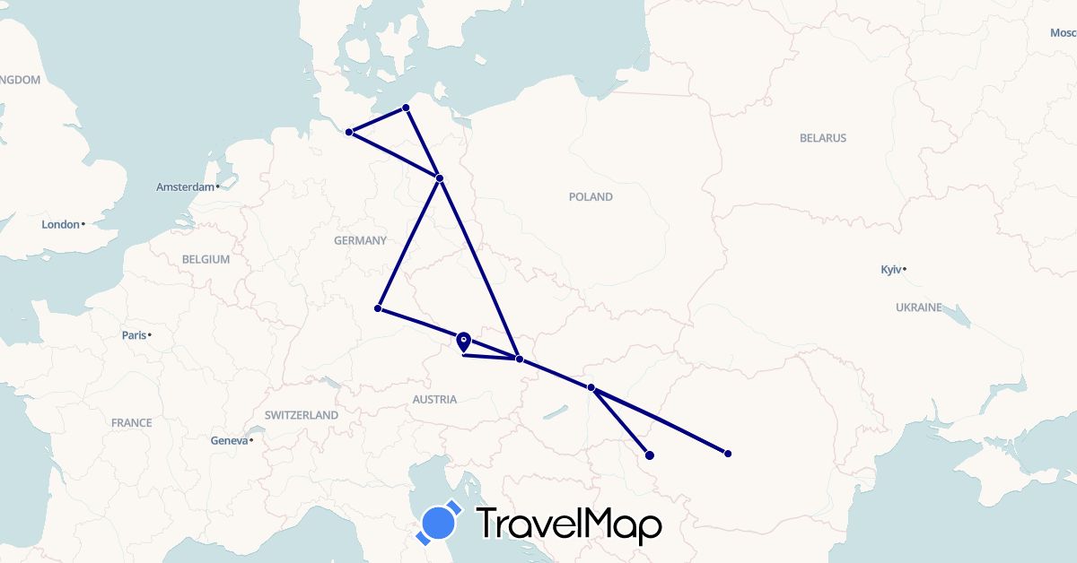 TravelMap itinerary: driving in Austria, Germany, Hungary, Romania (Europe)